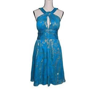 Aidan Mattox Silk Metallic Blue Cocktail Prom Dress Crisscross 14 Wedding guest